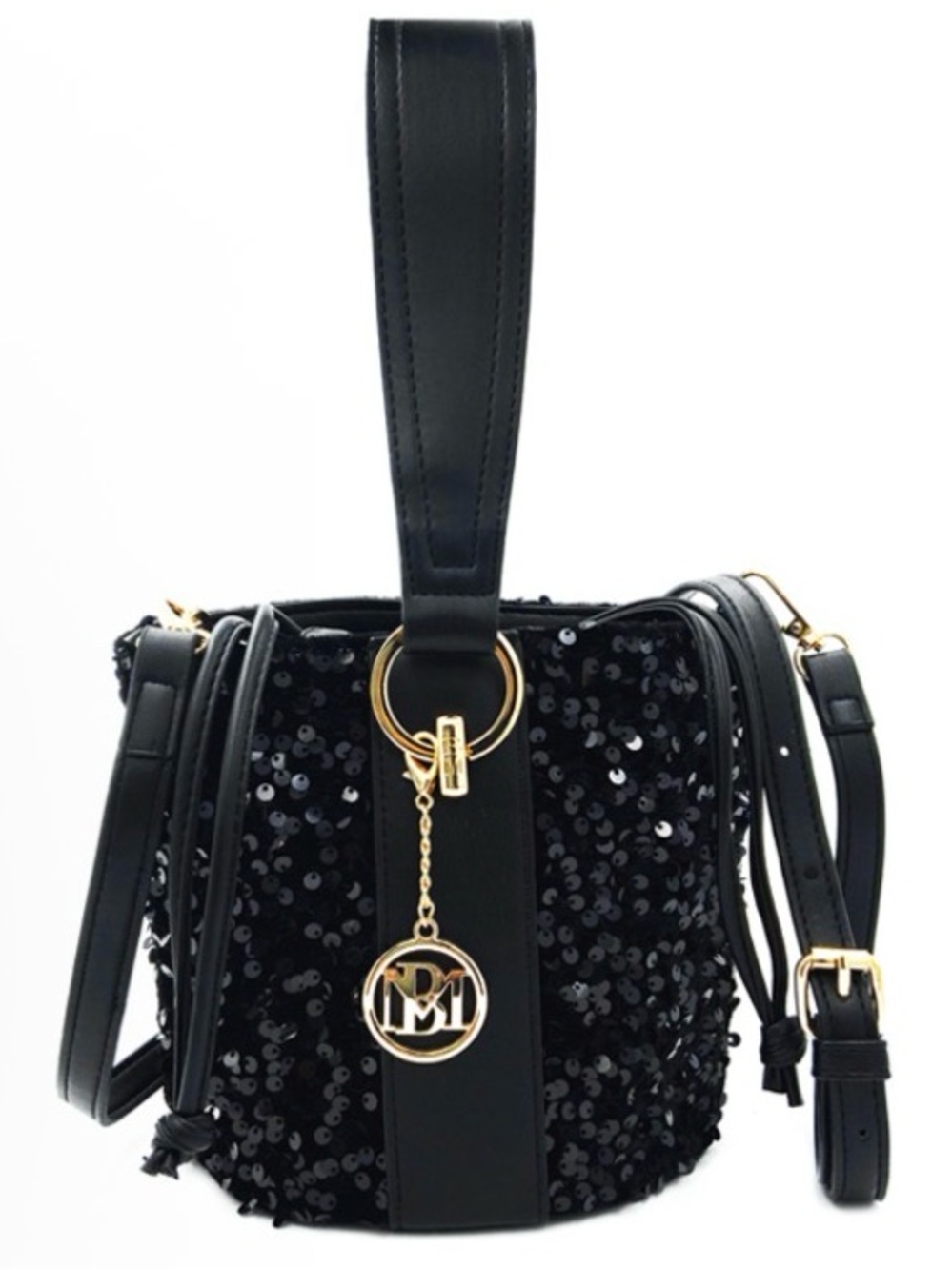 Badgley Mischka Black Sequin Bucket Bag with Gold Charm NWT $149 Retail - Picture 2 of 4
